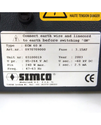 SIMCO DC-Hochspannungsgenerator ECM 60 N 0970709000 GEB