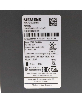 Siemens Micromaster 420 6SE6420-2UD21-5AA1 E-Stand: G01/1.31 GEB