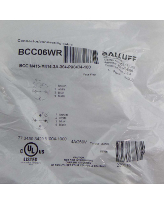 Balluff Verbindungsleitung BCC06WR BCC M415-M414-3A-304-PX0434-100 OVP