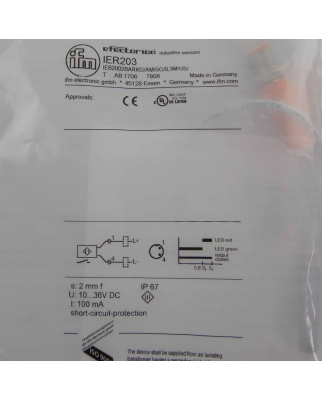 ifm Induktiver Ganzmetallsensor IER203 IEB2002BARKG/AM/SC/0,3M/US/ OVP
