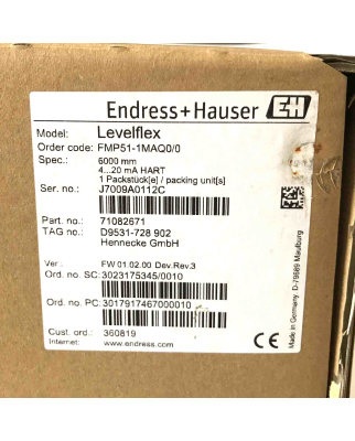 Endress+Hauser Geführtes Radar Levelflex FMP51-AAAACALAA4GGJ+Z1 OVP