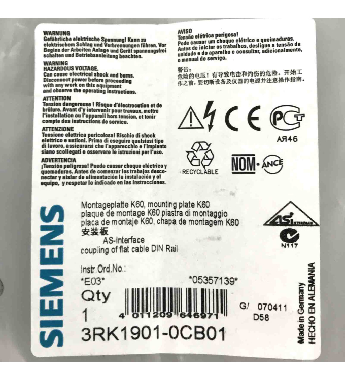 Siemens Montageplatte  3RK1901-0CB01 Neu OVP 