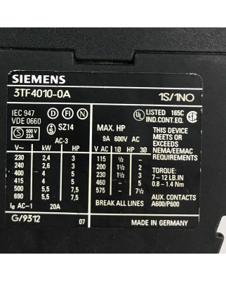 Siemens Schütz 3TF4010-0AB0 GEB