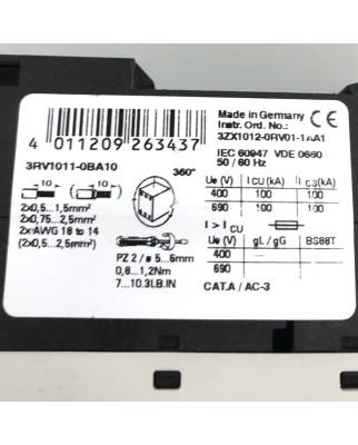 Siemens Leistungsschalter 3RV1011-0BA10 NOV