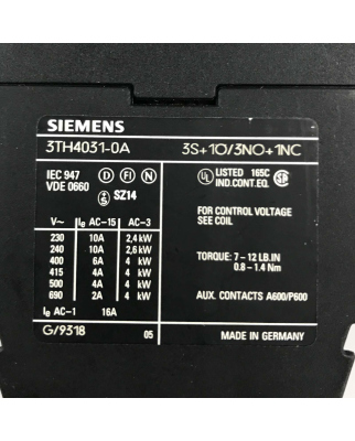Siemens Hilfsschütz 3TH4031-0AB0 24V/50Hz 29V/60Hz GEB