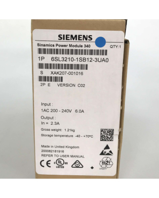 Sinamics Power Module PM340 6SL3210-1SB12-3UA0 Vers. C02 OVP