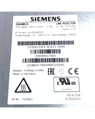 Siemens Sinamics Netzdrossel 6SL3203-0CD23-5AA0 OVP