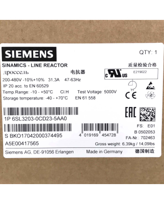 Siemens Sinamics Netzdrossel 6SL3203-0CD23-5AA0 OVP