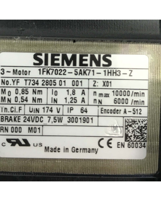 Siemens Synchronservomotor 1FK7022-5AK71-1HH3-Z Z=X01 GEB
