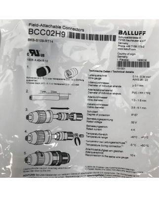 Balluff Steckverbinder BCC02H9 BKS-S109-RT14 (2Stk.) OVP