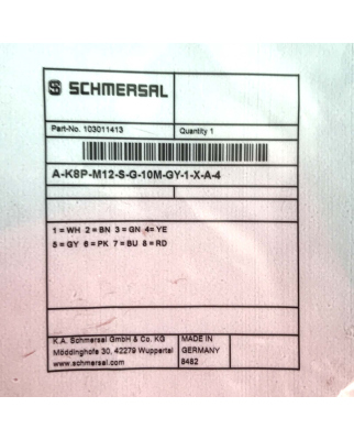 SCHMERSAL Anschlussleitung A-K8P-M12-S-G-10M-GY-1-X-A-4 103011413 OVP