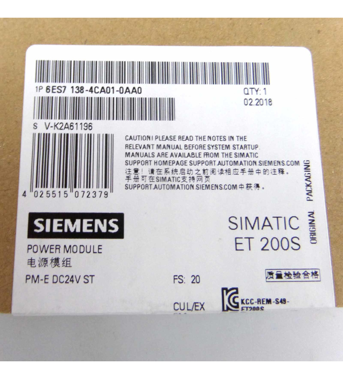 Siemens Simatic ET 200S  6ES7 138-4CA01-0AA0 NEU & OVP 
