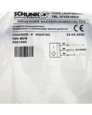 SCHUNK induktiver N&auml;hrungsschalter INK 80-S 301550 OVP
