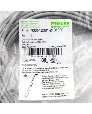 MURR ELEKTRONIK Verbindungskabel M12 St. freies Ltg-ende 7000-12081-2131000 OVP