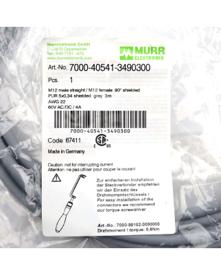 MURR ELEKTRONIK Verbindungskabel M12 St. M12 Bu. 7000-40541-3490300 OVP