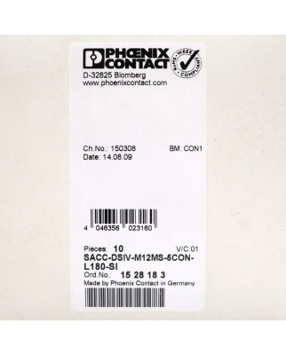Phoenix Contact Einbausteckverbinder SACC-DSIV-M12MS-5CON-L180-SI 1528183 (10Stk.) OVP