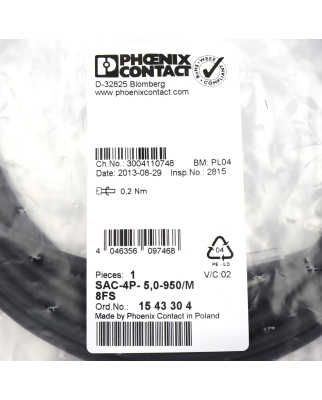 Phoenix Contact Bussystemkabel SAC-4P- 5,0-950/M 8FS 1543304 OVP