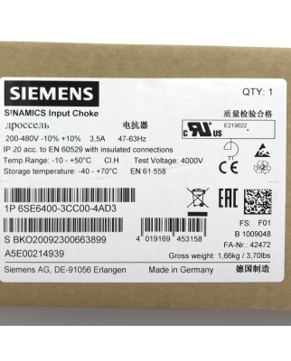 Siemens Micromaster 4 Kommutierungsdrossel 6SE6400-3CC00-4AD3 OVP