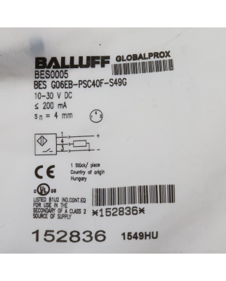 Balluff induktiver Sensor BES0005 BES G06EB-PSC40F-S49G OVP