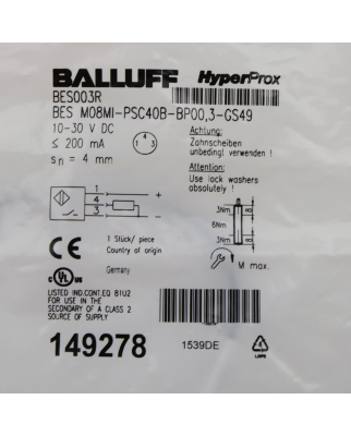 Balluff induktiver Sensor BES003R BES M08MI-PSC40B-BP00,3-GS49 OVP