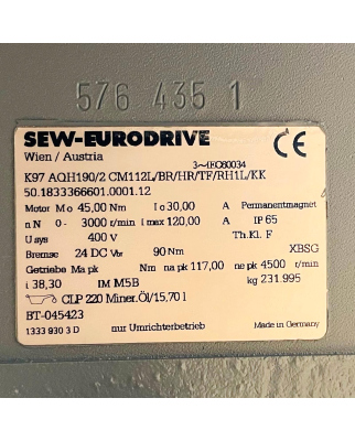 SEW Kegelradgetriebemotor K97 AQH190/2 CM112L/BR/HR/TF/RH1L/KK i=38,30 NOV