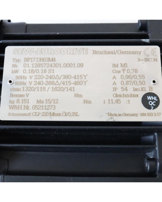 SEW Getriebemotor RF17 DR63M4 i=11,45:1 NOV