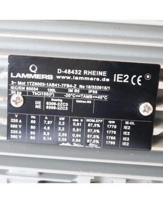 Lammers Käfigläufermotor 1TZ9003-1AB41-7FB4-Z 2,2/2,55kW NOV