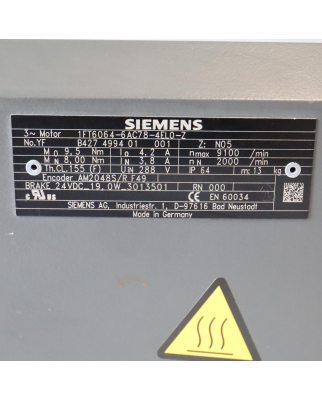 Siemens Synchronservomotor 1FT6064-6AC78-4EL0-Z Z=N05 GEB