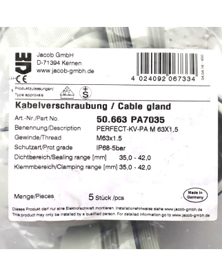 Jacob Kabelverschraubung 50.663 PA7035 M63x1.5 (5Stk.) OVP