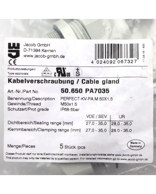 Jacob Kabelverschraubung 50.650 PA7035 M50x1.5 (5Stk.) OVP