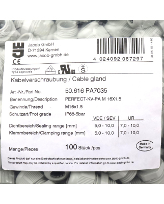 Jacob Kabelverschraubung 50.616 PA7035 M16x1.5 (100Stk.) OVP