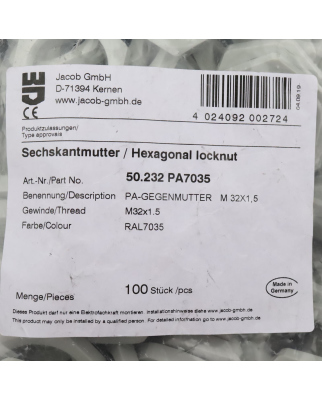 Jacob Sechskantmutter 50.232 PA7035 M32x1.5 (100Stk.) OVP