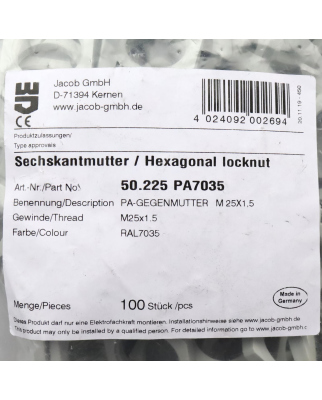 Jacob Sechskantmutter 50.225 PA7035 M25x1.5 (100Stk.) OVP