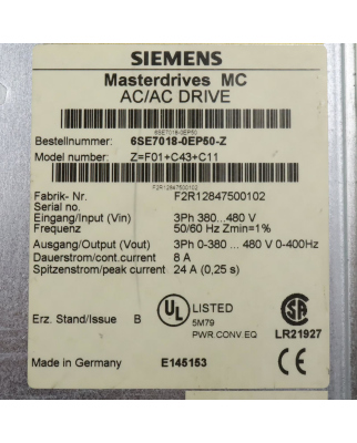 Siemens SIMOVERT Masterdrive MC 6SE7018-0EP50-Z Z=F01+C43+C11 E-Stand: B GEB