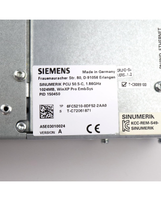 Siemens Sinumerik PCU 50.5-C 6FC5210-0DF52-2AA0 E-Stand:A GEB