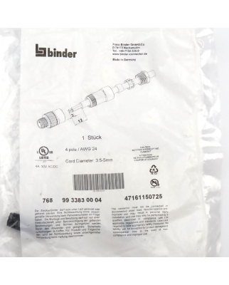 binder M8 Kabelstecker 99 3383 00 04 OVP