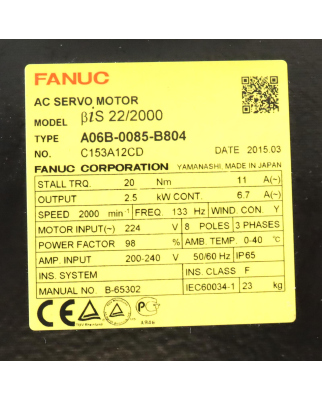 Fanuc AC-Servomotor 22/2000 A06B-0085-B804 NOV