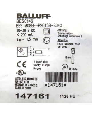 Balluff induktiver Sensor BES0146 BES M08EE-PSC15B-S04G OVP