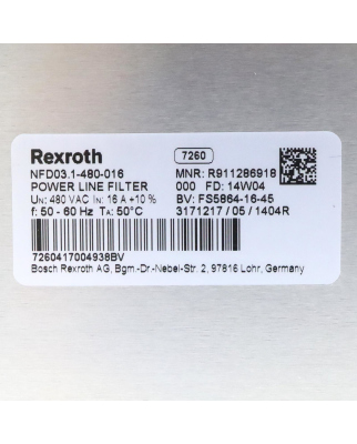 Rexroth INDRAMAT Netzfilter NFD03.1-480-016 R911286918 GEB