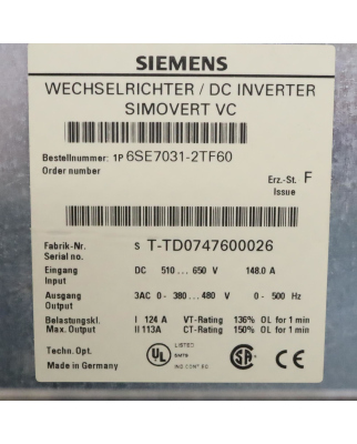 Siemens SIMOVERT VC Masterdrive 6SE7031-2TF60 E-Stand:F NOV