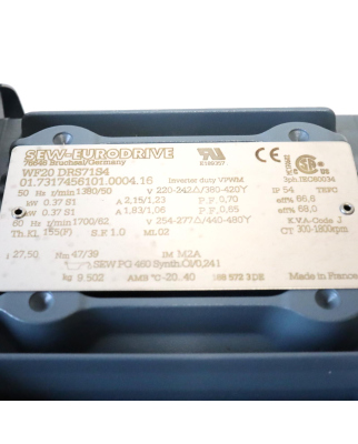 SEW Getriebemotor WF20 DRS71S4 0,37kW i=27,50 NOV