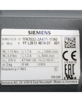 Siemens Synchronservomotor 1FK7032-2AK71-1TA0 NOV