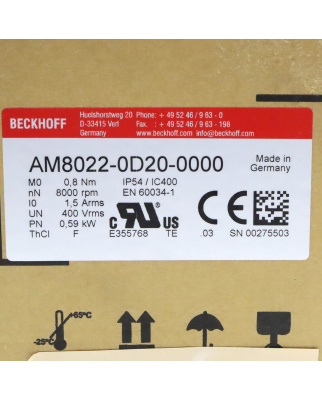 Beckhoff Servomotor AM8022-0D20-0000 0,59kW OVP