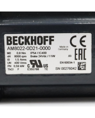 Beckhoff Servomotor AM8022-0D21-0000 0,59kW NOV
