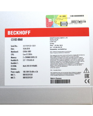 Beckhoff 19-Zoll-Einschub-IPC C5102-0060 OVP