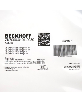 Beckhoff EtherCAT P-Leitung ZK7000-0101-0030 3m OVP