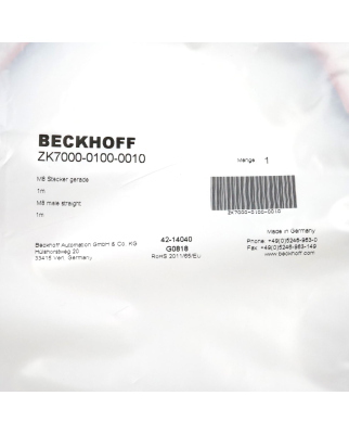 Beckhoff EtherCAT P-Leitung ZK7000-0100-0010 1m OVP