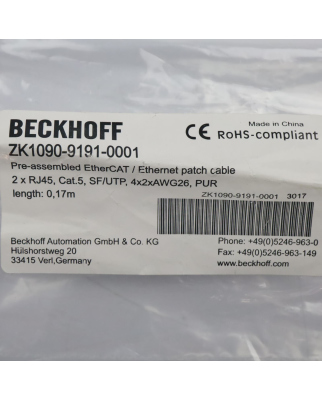 Beckhoff Industrial-Ethernet-/EtherCAT-Patchkabel ZK1090-9191-0001 0,17m OVP
