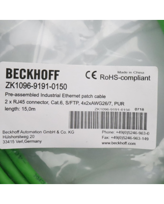Beckhoff Industrial-Ethernet-/EtherCAT G-Patchkabel ZK1096-9191-0150 15m OVP