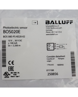 Balluff Einweglichtschranke BOS020E BOS 08E-PS-KE20-02 OVP